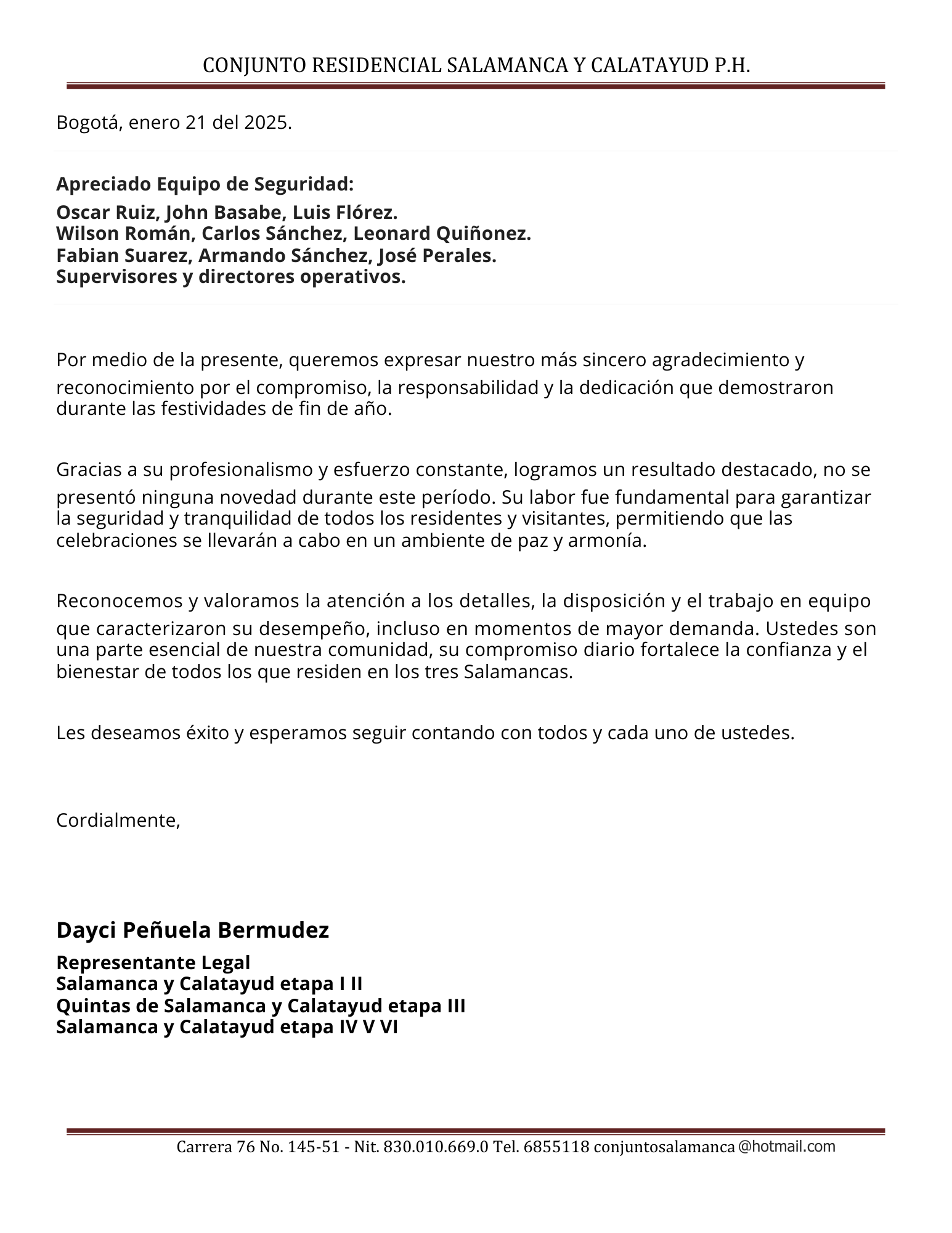 Agradecimiento a COOP. RESERVIS CTA por el servicio prestado